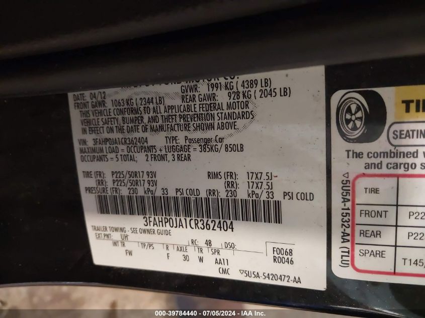 2012 Ford Fusion Sel VIN: 3FAHP0JA1CR362404 Lot: 39784440