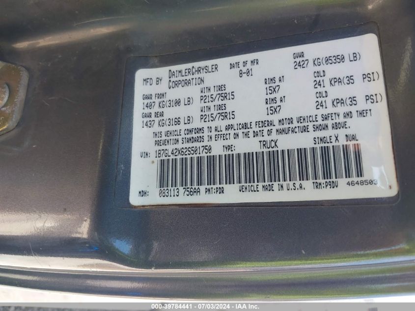 2002 Dodge Dakota Slt VIN: 1B7GL42X62S501750 Lot: 39784441