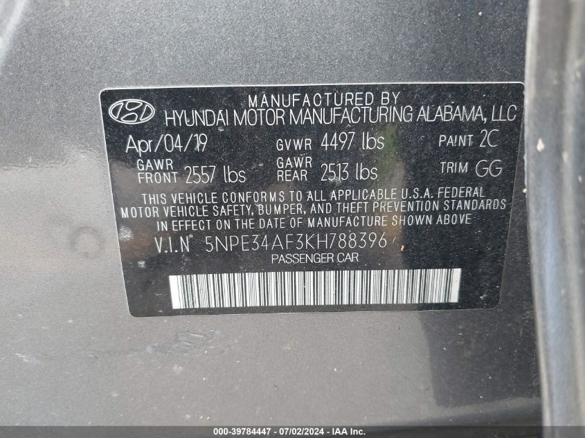 5NPE34AF3KH788396 2019 Hyundai Sonata Sel