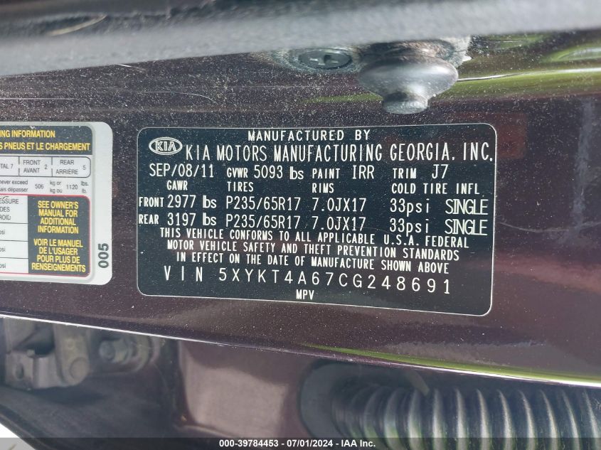 2012 Kia Sorento Lx VIN: 5XYKT4A67CG248691 Lot: 39784453