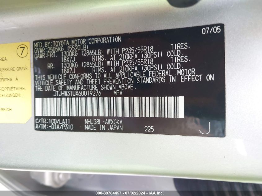 2006 Lexus Rx 400H VIN: JTJHW31UX60019276 Lot: 39784457