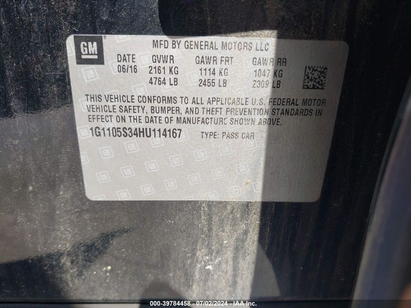 2017 Chevrolet Impala 1Lt VIN: 1G1105S34HU114167 Lot: 39784458
