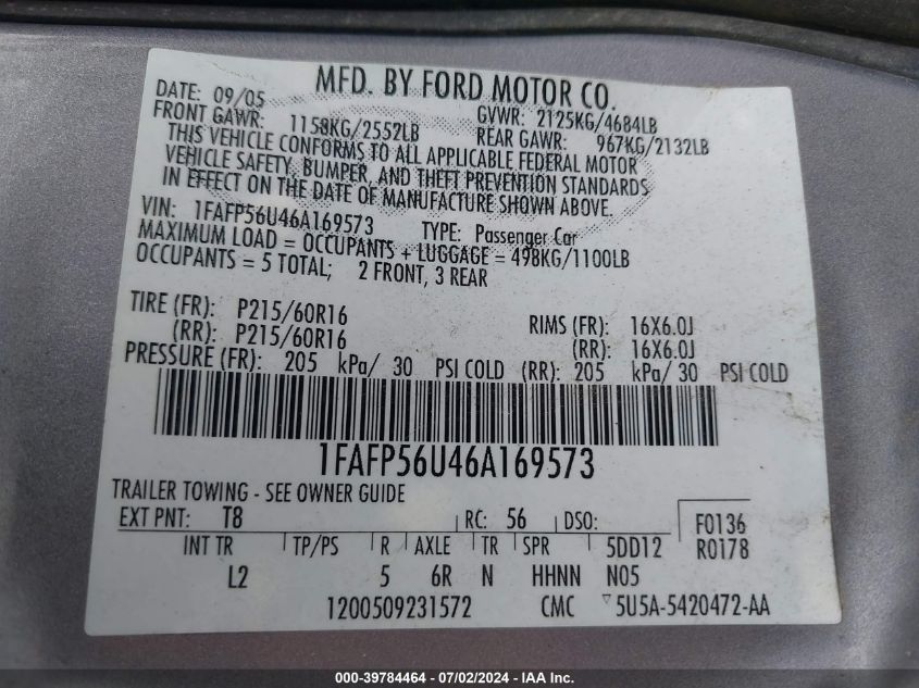 2006 Ford Taurus Sel VIN: 1FAFP56U46A169573 Lot: 39784464