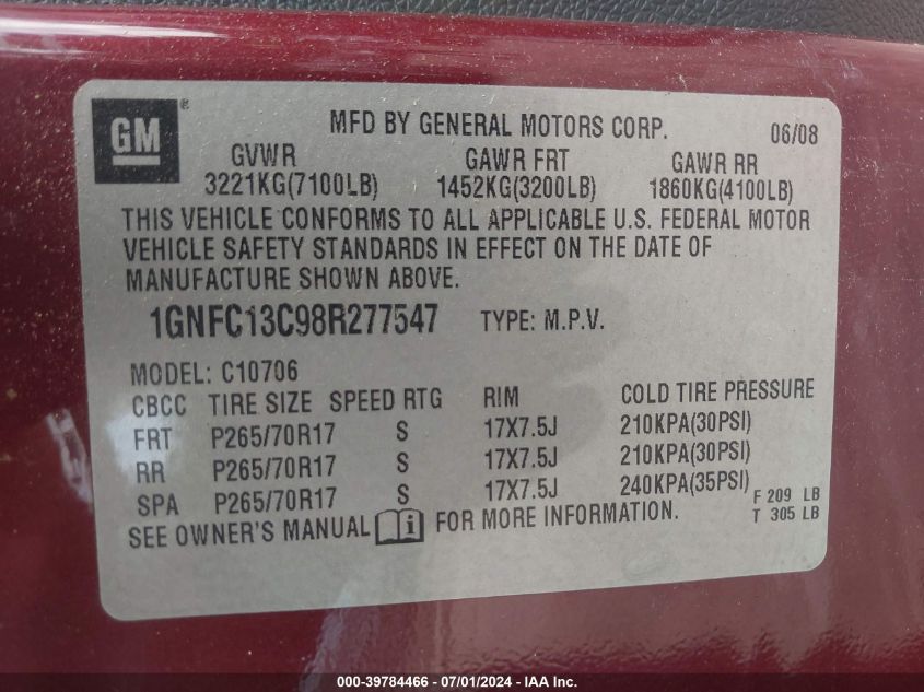 2008 Chevrolet Tahoe Ls VIN: 1GNFC13C98R277547 Lot: 39784466