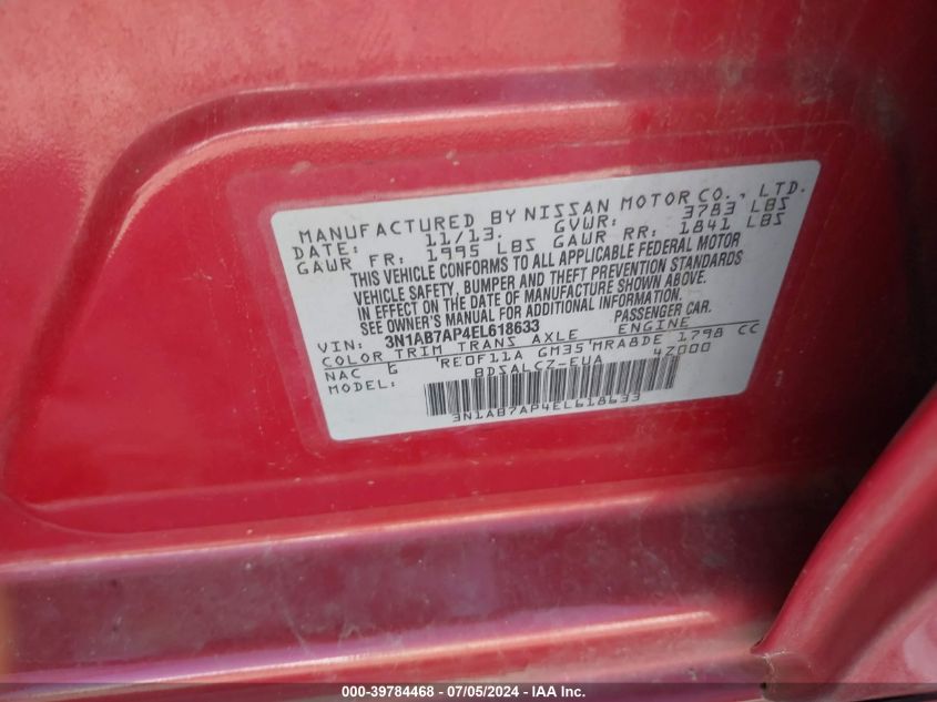 2014 Nissan Sentra S VIN: 3N1AB7AP4EL618633 Lot: 39784468