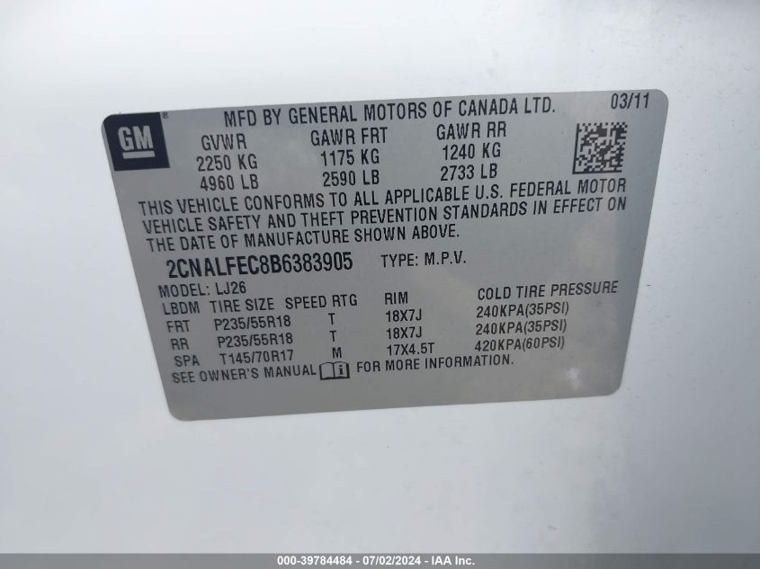 2011 Chevrolet Equinox Ltz VIN: 2CNALFEC8B6383905 Lot: 39784484