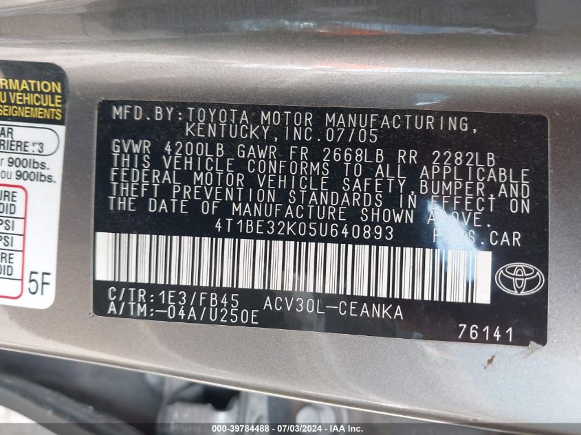 4T1BE32K05U640893 2005 Toyota Camry Le