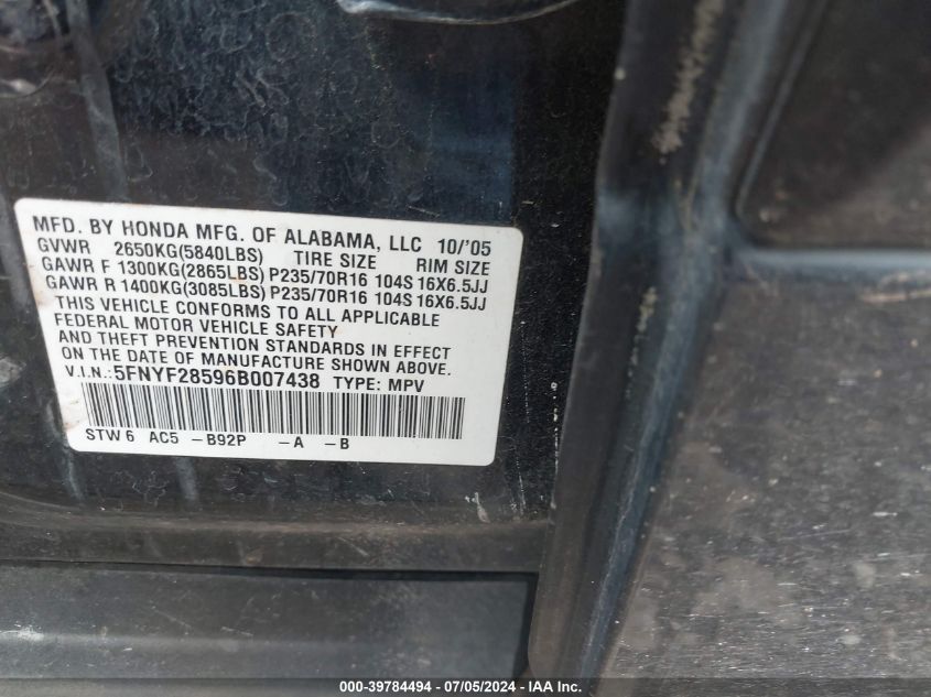 2006 Honda Pilot Ex-L VIN: 5FNYF28596B007438 Lot: 39784494