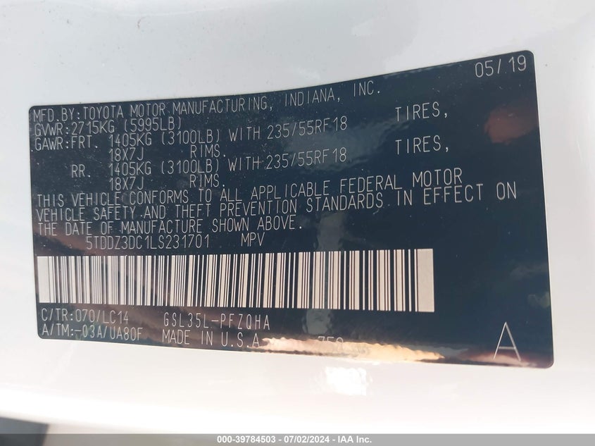 2020 Toyota Sienna Xle Premium VIN: 5TDDZ3DC1LS231701 Lot: 39784503