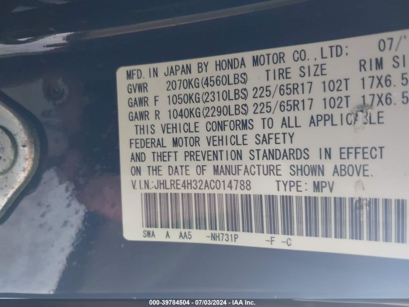 2010 Honda Cr-V Lx VIN: JHLRE4H32AC014788 Lot: 39784504