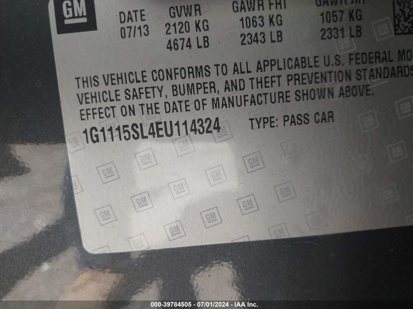 2014 Chevrolet Impala 1Lt VIN: 1G1115SL4EU114324 Lot: 39784505