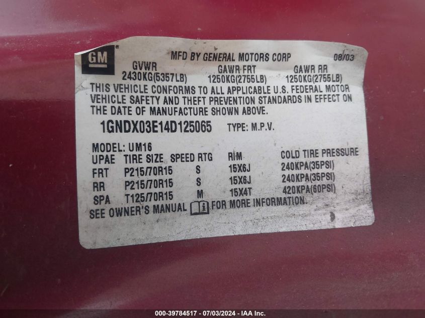 2004 Chevrolet Venture VIN: 1GNDX03E14D125065 Lot: 39784517