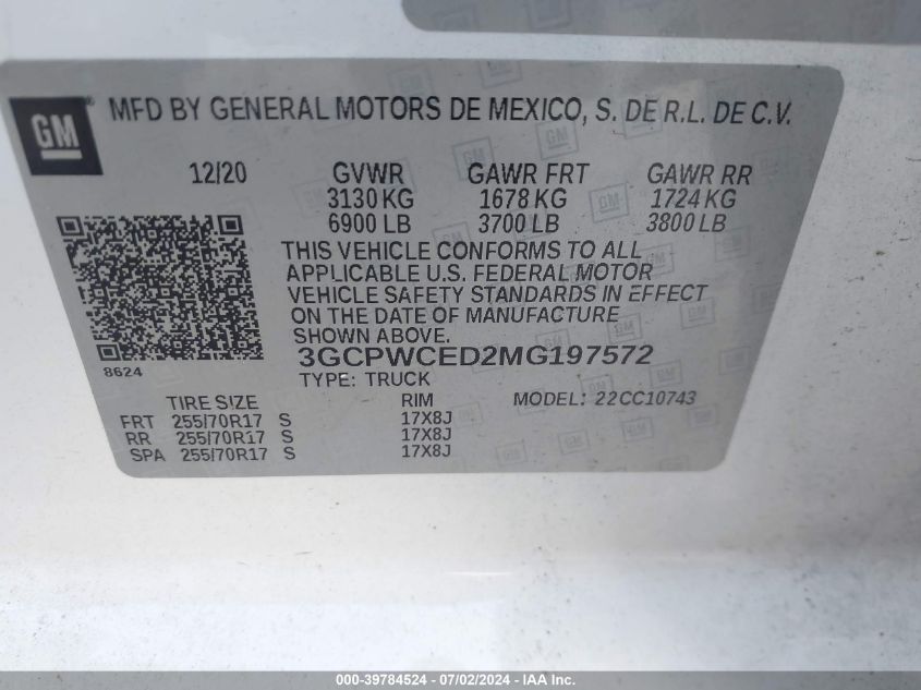 2021 Chevrolet Silverado C1500 Lt VIN: 3GCPWCED2MG197572 Lot: 39784524