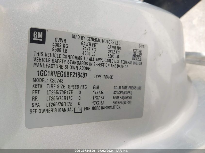 2011 Chevrolet Silverado 2500Hd Work Truck VIN: 1GC1KVEG0BF218487 Lot: 39784529