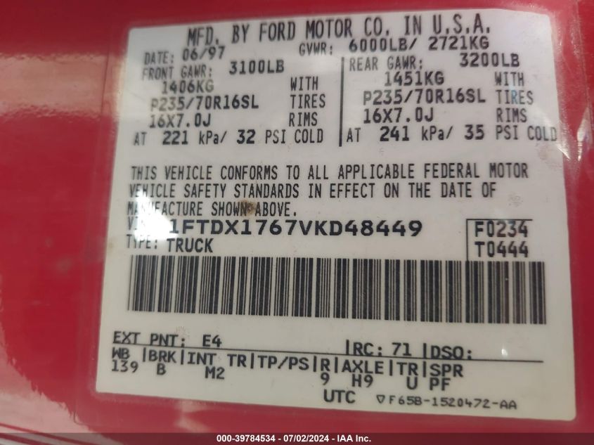1997 Ford F-150 Lariat/Standard/Xl/Xlt VIN: 1FTDX1767VKD48449 Lot: 39784534