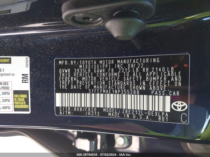 2022 TOYOTA COROLLA LE - 5YFEPMAE1NP355288