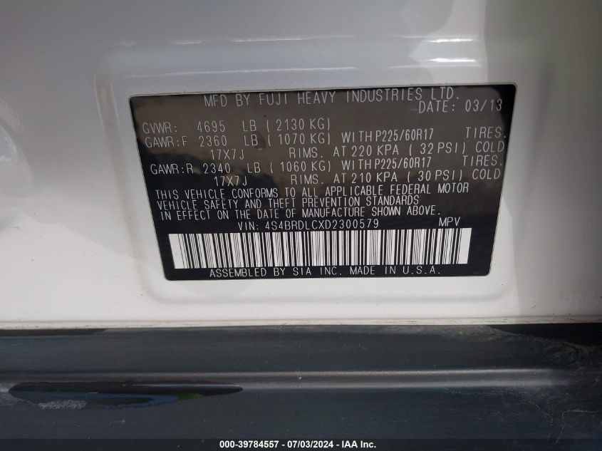 2013 Subaru Outback 3.6R Limited VIN: 4S4BRDLCXD2300579 Lot: 39784557