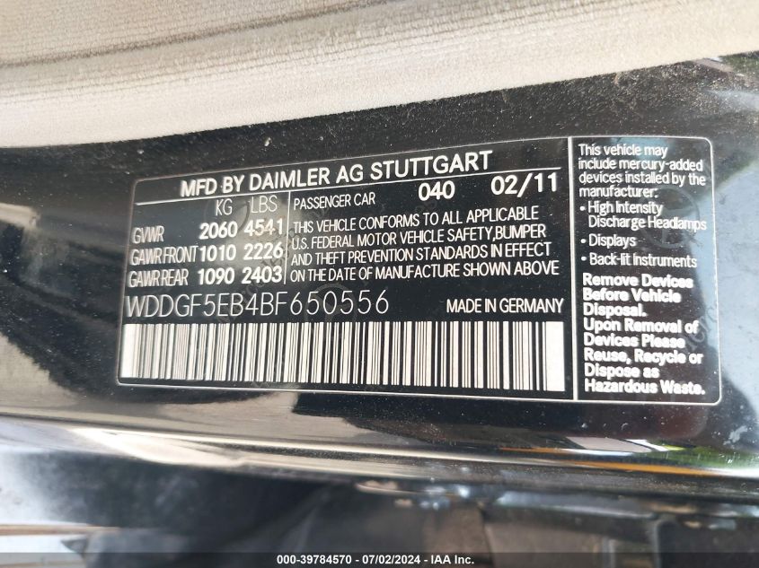 2011 Mercedes-Benz C 300 Luxury/Sport VIN: WDDGF5EB4BF650556 Lot: 39784570