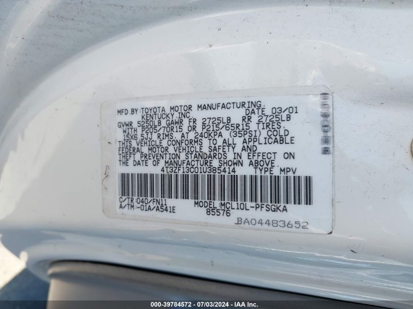 2001 Toyota Sienna Le VIN: 4T3ZF13C01U385414 Lot: 39784572