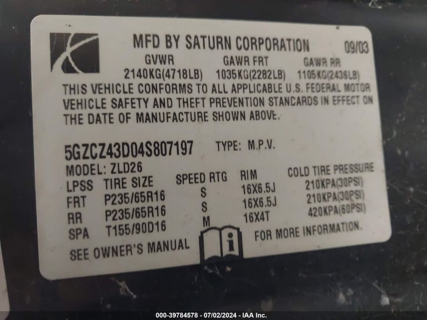 5GZCZ43D04S807197 2004 Saturn Vue 4 Cyl