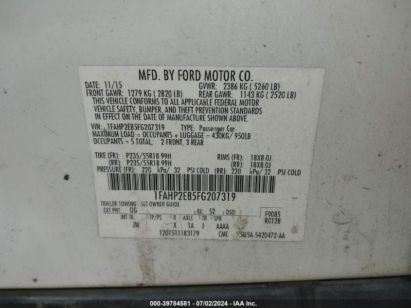 1FAHP2E85FG207319 2015 Ford Taurus Sel