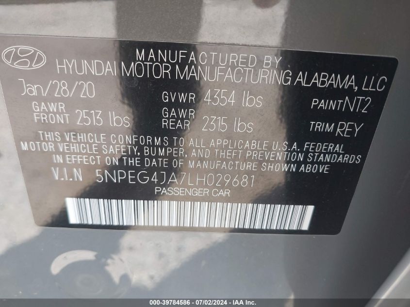 2020 Hyundai Sonata Se VIN: 5NPEG4JA7LH029681 Lot: 39784586