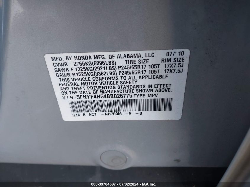 2011 Honda Pilot Ex-L VIN: 5FNYF4H54BB026775 Lot: 39784587