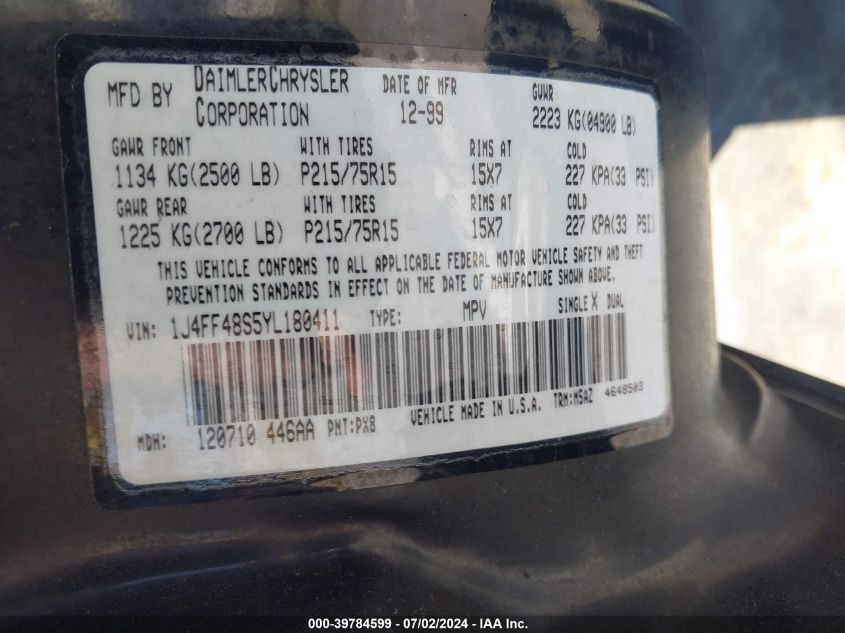 2000 Jeep Cherokee Sport VIN: 1J4FF48S5YL180411 Lot: 39784599