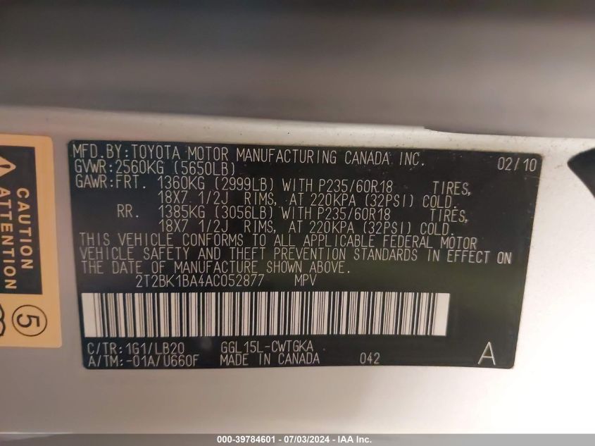 2010 Lexus Rx 350 VIN: 2T2BK1BA4AC052877 Lot: 39784601