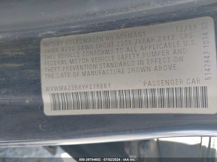 2000 Volkswagen Passat Gls VIN: WVWMA23B6YP218681 Lot: 39784602