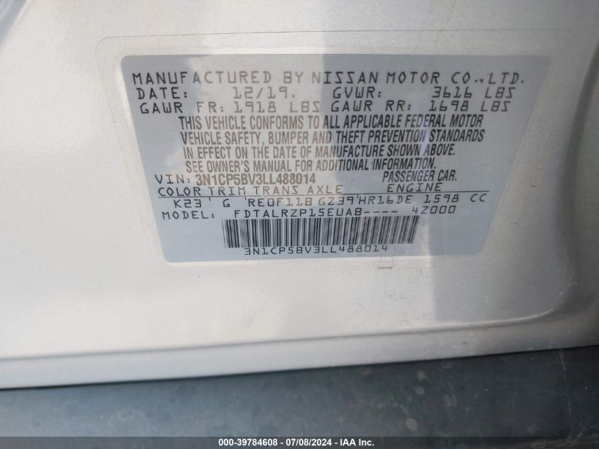2020 Nissan Kicks S Xtronic Cvt VIN: 3N1CP5BV3LL488014 Lot: 39784608