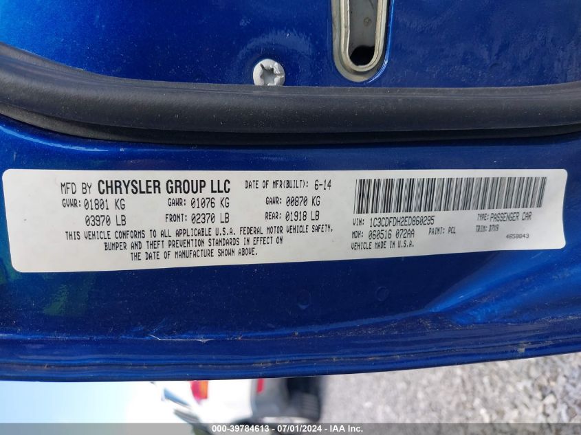 2014 Dodge Dart Aero VIN: 1C3CDFDH2ED860295 Lot: 39784613