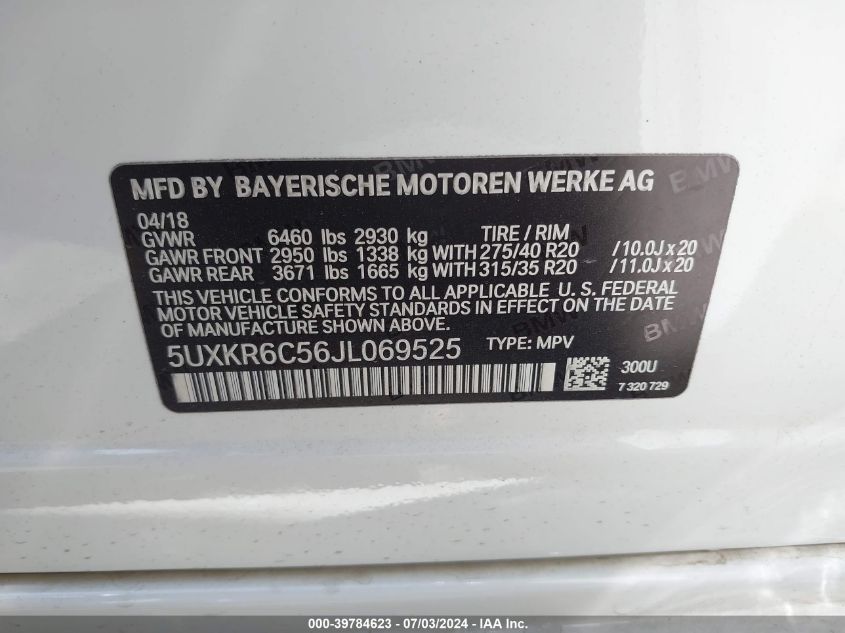 2018 BMW X5 xDrive50I VIN: 5UXKR6C56JL069525 Lot: 39784623