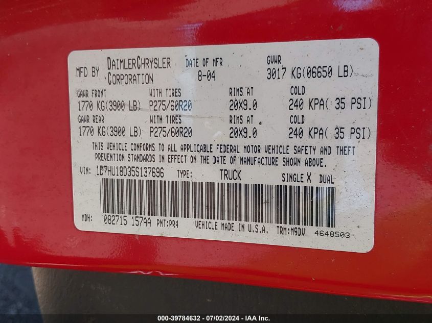2005 Dodge Ram 1500 Slt/Laramie VIN: 1D7HU18D35S137696 Lot: 39784632
