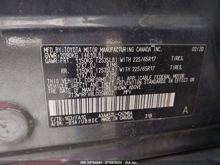 2020 Toyota Rav4 Xle VIN: 2T3W1RFV8LC058602 Lot: 39784644