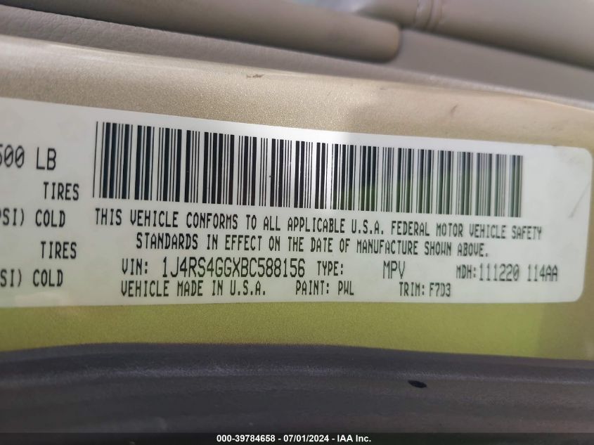 2011 Jeep Grand Cherokee Laredo VIN: 1J4RS4GGXBC588156 Lot: 39784658