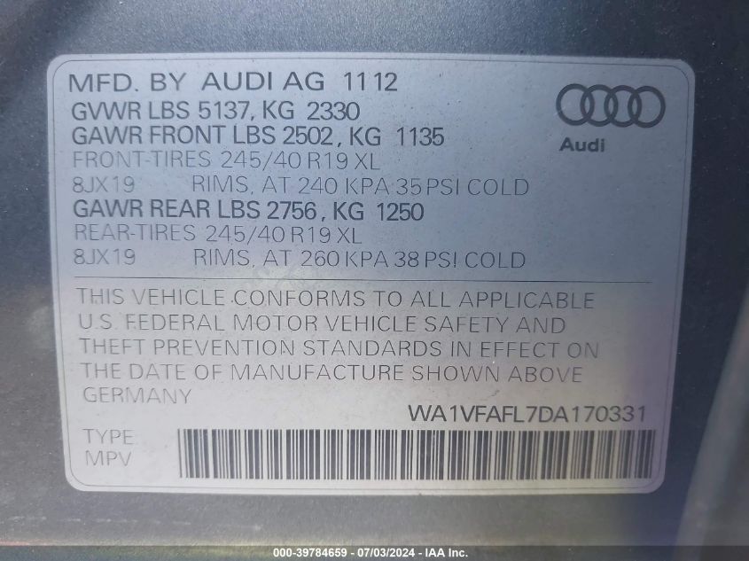 2013 Audi A4 Allroad Prestige VIN: WA1VFAFL7DA170331 Lot: 39784659