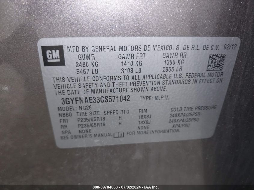 2012 Cadillac Srx Luxury Collection VIN: 3GYFNAE33CS571042 Lot: 39784663