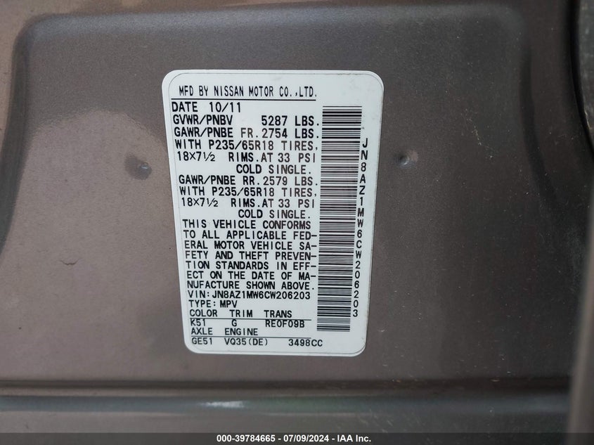 2012 Nissan Murano Sl VIN: JN8AZ1MW6CW206203 Lot: 39784665