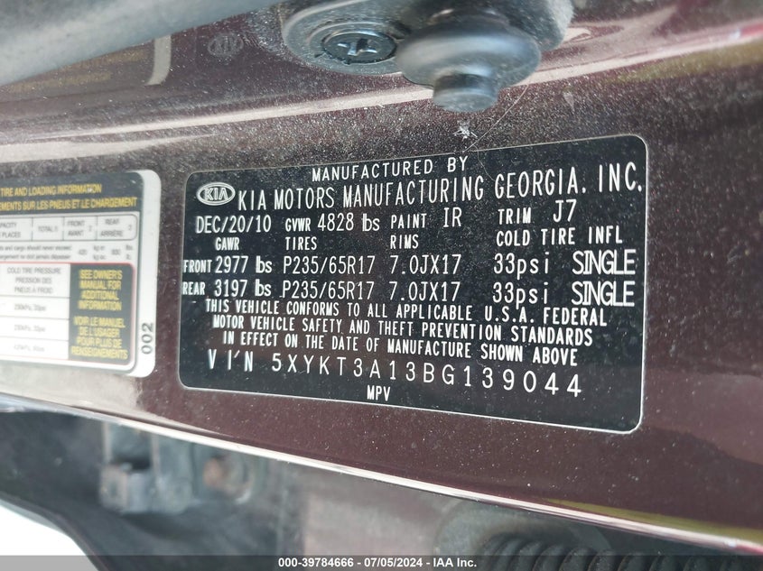 2011 Kia Sorento Lx VIN: 5XYKT3A13BG139044 Lot: 39784666