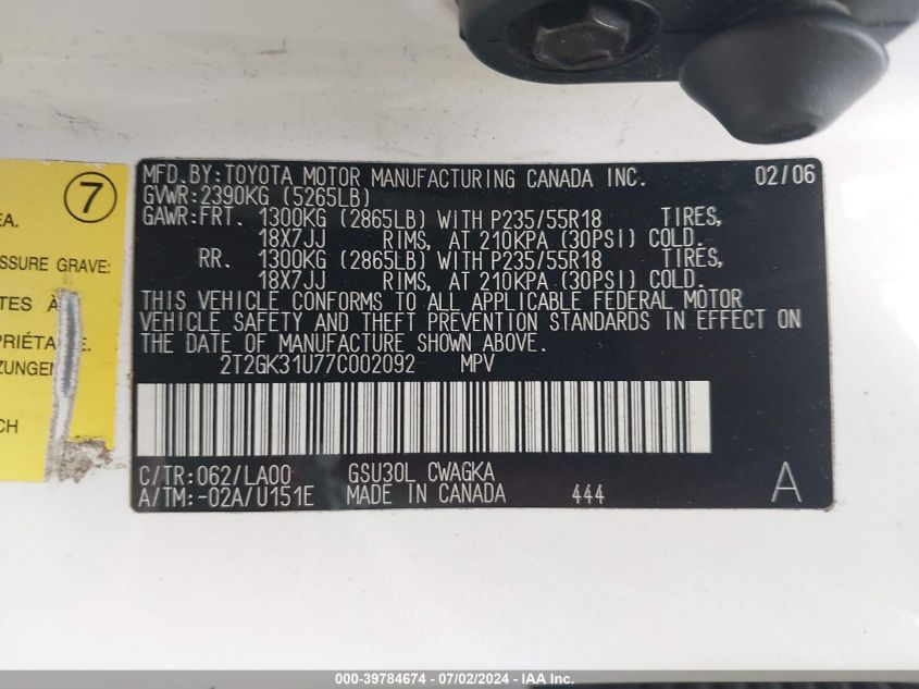 2007 Lexus Rx 350 VIN: 2T2GK31U77C002092 Lot: 39784674