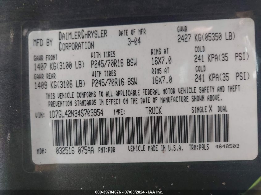 2004 Dodge Dakota Slt VIN: 1D7GL42N34S703954 Lot: 39784676
