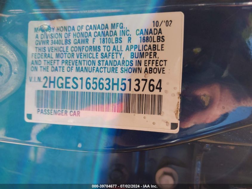 2003 Honda Civic Lx VIN: 2HGES16563H513764 Lot: 39784677