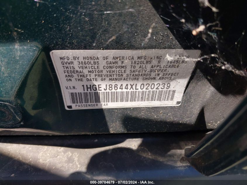 1999 Honda Civic Ex VIN: 1HGEJ8644XL020239 Lot: 39784679