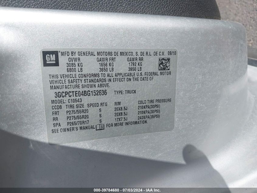 2011 Chevrolet Silverado C1500 Ltz VIN: 3GCPCTE04BG152636 Lot: 39784680