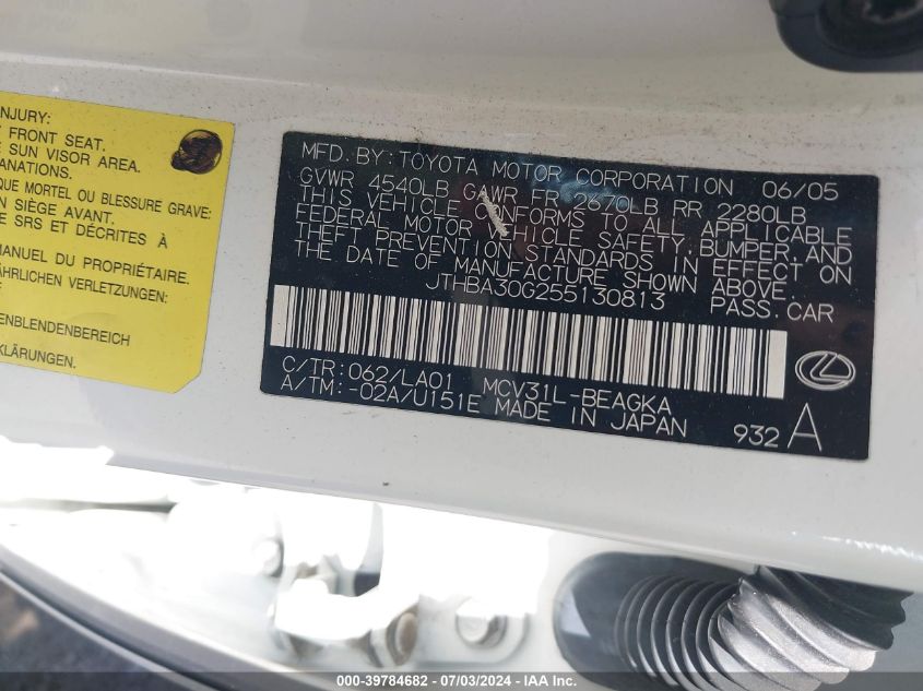 2005 Lexus Es 330 VIN: JTHBA30G255130813 Lot: 39784682