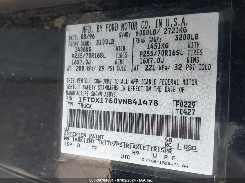 1997 Ford F-150 Lariat/Standard/Xl/Xlt VIN: 1FTDX1760VNB41478 Lot: 39784691