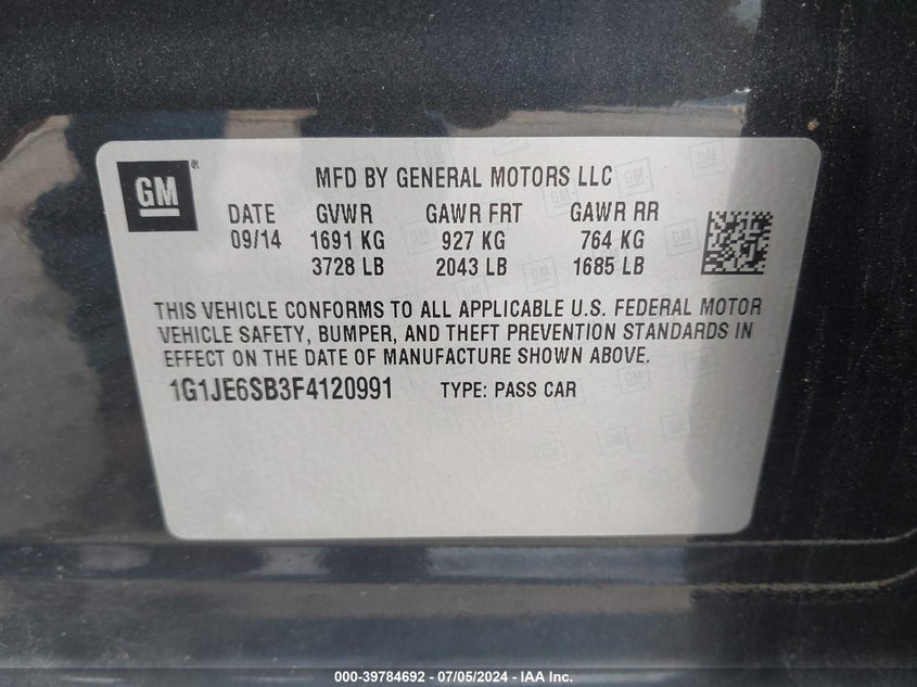 2015 Chevrolet Sonic Ltz Auto VIN: 1G1JE6SB3F4120991 Lot: 39784692