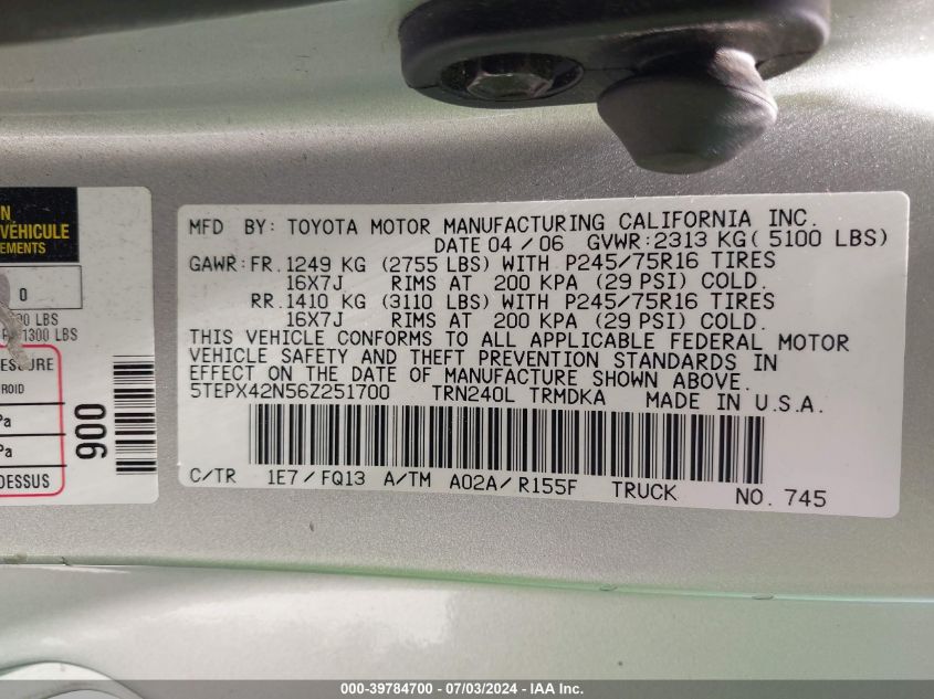 2006 Toyota Tacoma VIN: 5TEPX42N56Z251700 Lot: 39784700