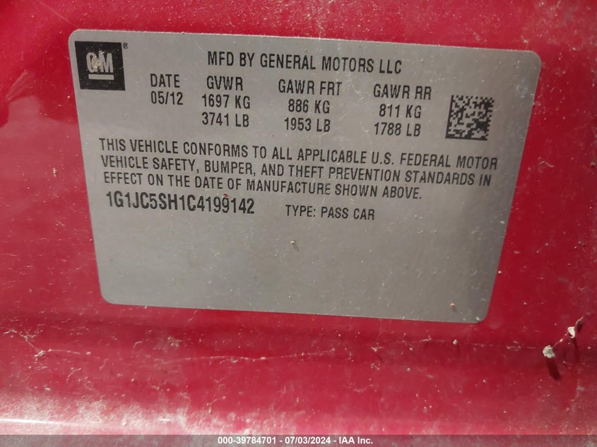 2012 Chevrolet Sonic 2Lt VIN: 1G1JC5SH1C4199142 Lot: 39784701